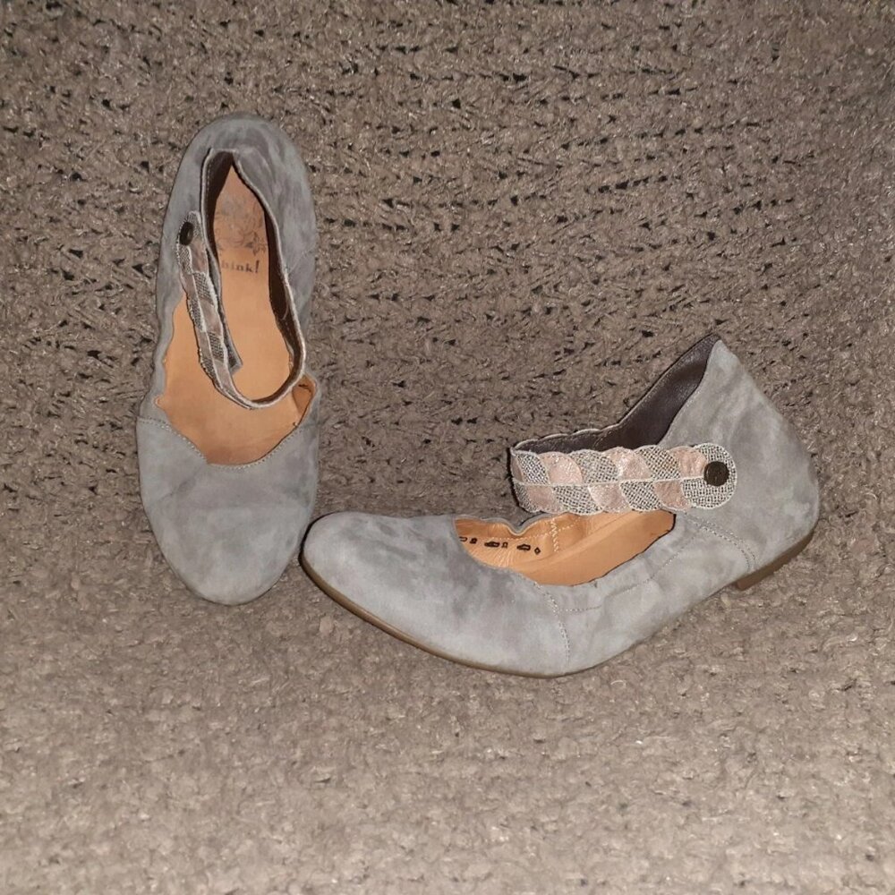 THINK! Gray Suede/Copper & Silver Hook/Loop Fastening-Ballet Mary Janes-Sz 41-EX